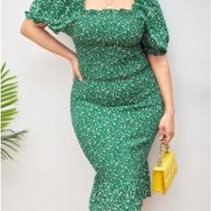 SHEIN - Green Floral Ribbed Dress